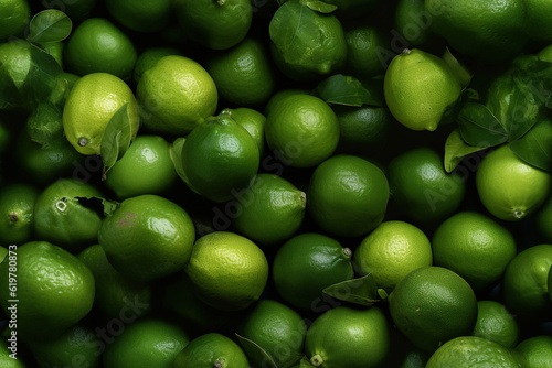 Lime background. Close up view of fresh green limes. Generative AI