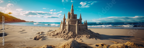 Beach Bliss: Sandcastle Standing Tall on the Sandy Shore with Ocean and Sky