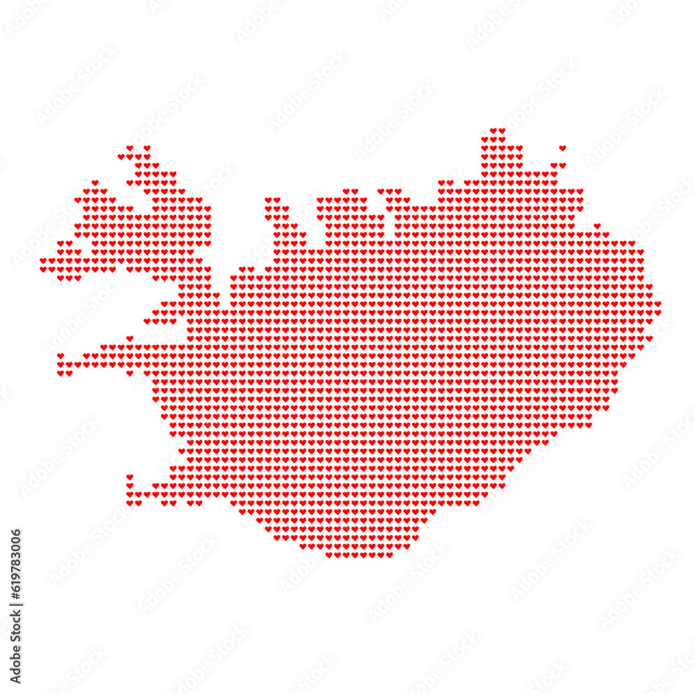 Map of the country of Iceland in heart emoticons on a white background