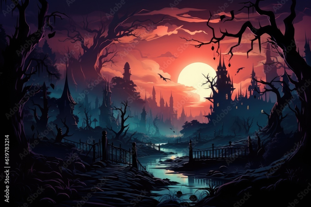 Halloween haunted house. Spooky illustration. Generative AI