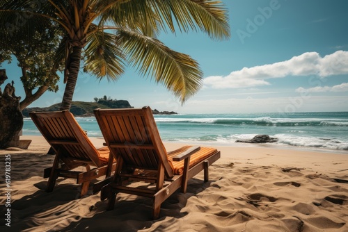 Beach chairs on a sandy beach. Generative AI