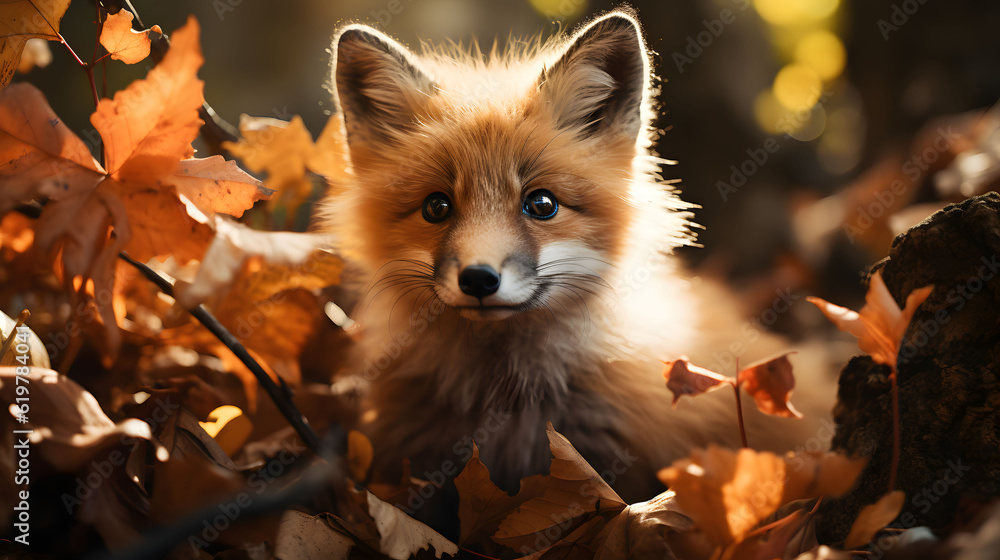 Obraz premium Red fox in the forest, hiding in the maple leaf, Generative Ai