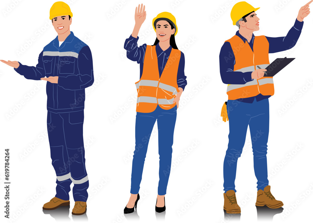 Hand-drawn set of male and female workers with helmets and vests in different poses and color options. Vector illustration isolated on white
