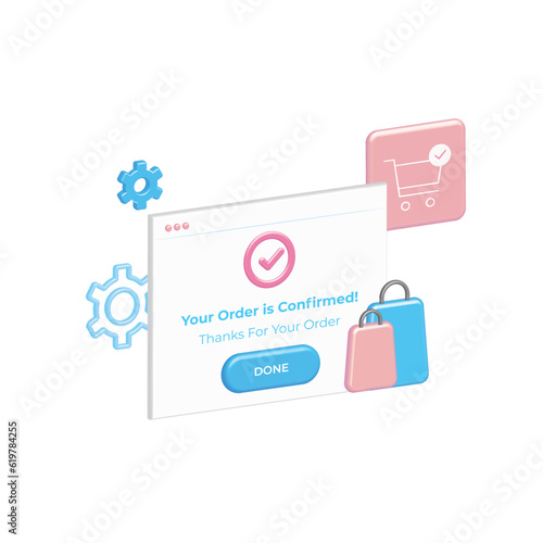 3d form with checkmark of successfully placed order in paper bags, vector product, deal in online store. Thanks for volumetric purchase on internet. Vector, good transaction, operation. Shopping.