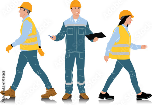 Hand-drawn set of male and female workers with helmets and vests in different poses and color options. Vector illustration isolated on white
