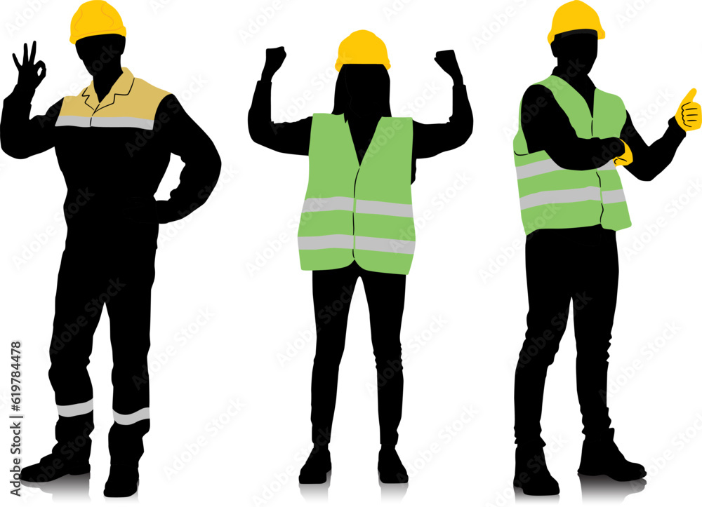 Obraz premium Silhouette set of male and female workers with helmets and vests in different poses and color options. Vector illustration isolated on white