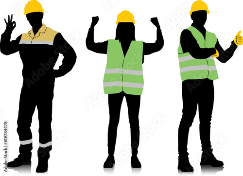 Silhouette set of male and female workers with helmets and vests in different poses and color options. Vector illustration isolated on white