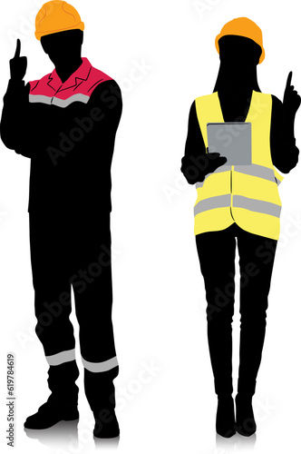 Silhouette set of male and female workers with helmets and vests in different poses and color options. Vector illustration isolated on white