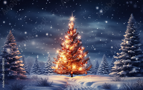 Christmas background. Xmas tree. Winter-themed Xmas tree with snow decorations in a Christmas scene   Generative AI © omune