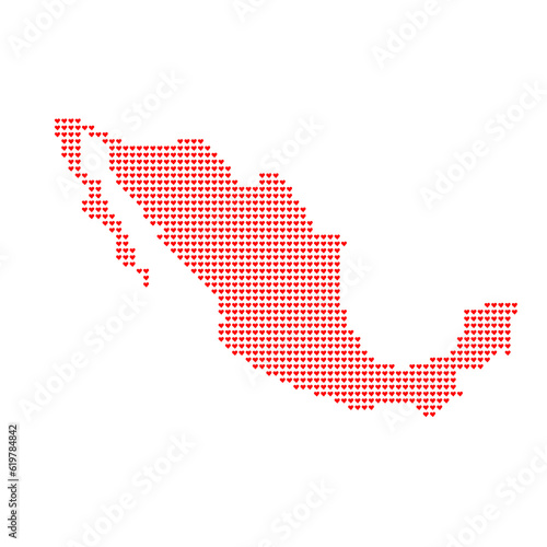 Map of the country of Mexico in heart emoticons on a white background