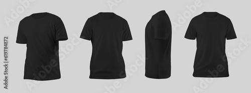 Mockup of men's black t-shirt 3D rendering, front, side view, clothing presentation for commerce, advertising. Set