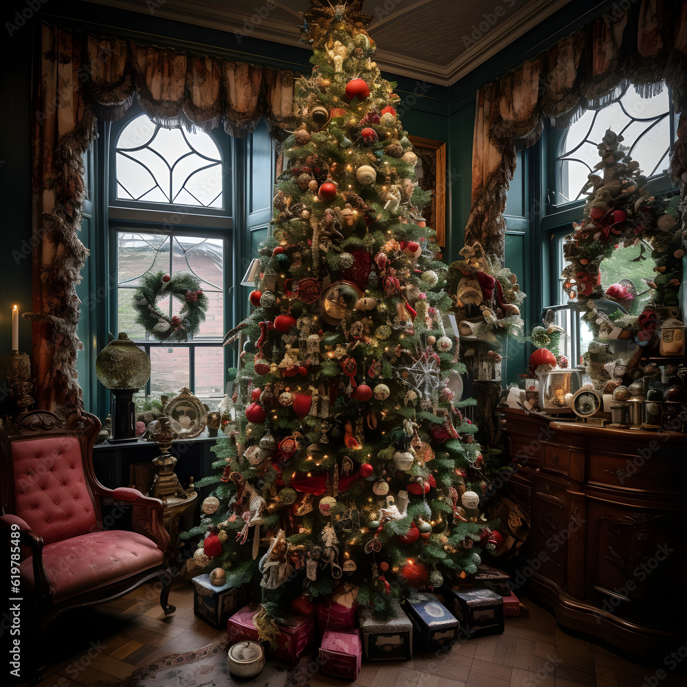 Fototapeta premium Decorated Christmas Tree with Lights and Ornaments