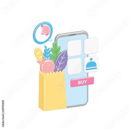 Voluminous online store with order of products, goods in paper bag. 3d realistic, cartoonish shopping. Vector purchases in smartphone. Delivery on time. Buy button.