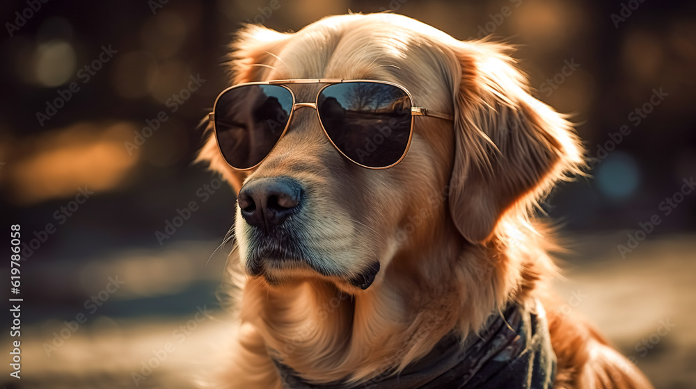 Fashionable dog in sunglasses outdoors, generative AI.