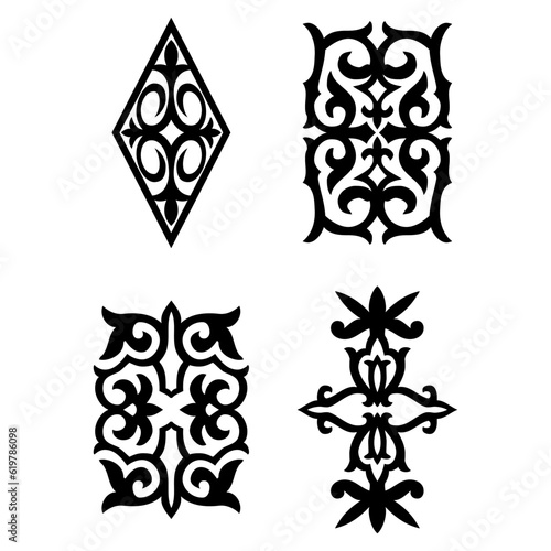 Set of 16 islamic black ornaments on background in vector. Asian new year gold decorative traditional oriental symbols. Circular ornamental arabic symbols. Abstract Asian elements of the Kazakhs
