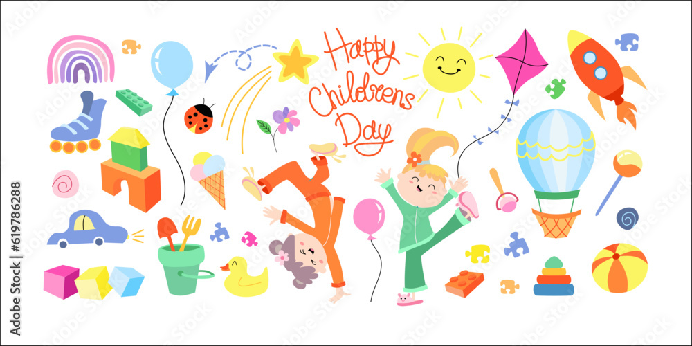Happy childrens day set. Colorful collection of icons with children, toys and lettering.