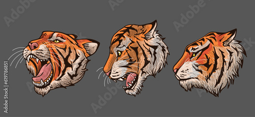 brown tiger head vector illustration with shading and consisting of three images