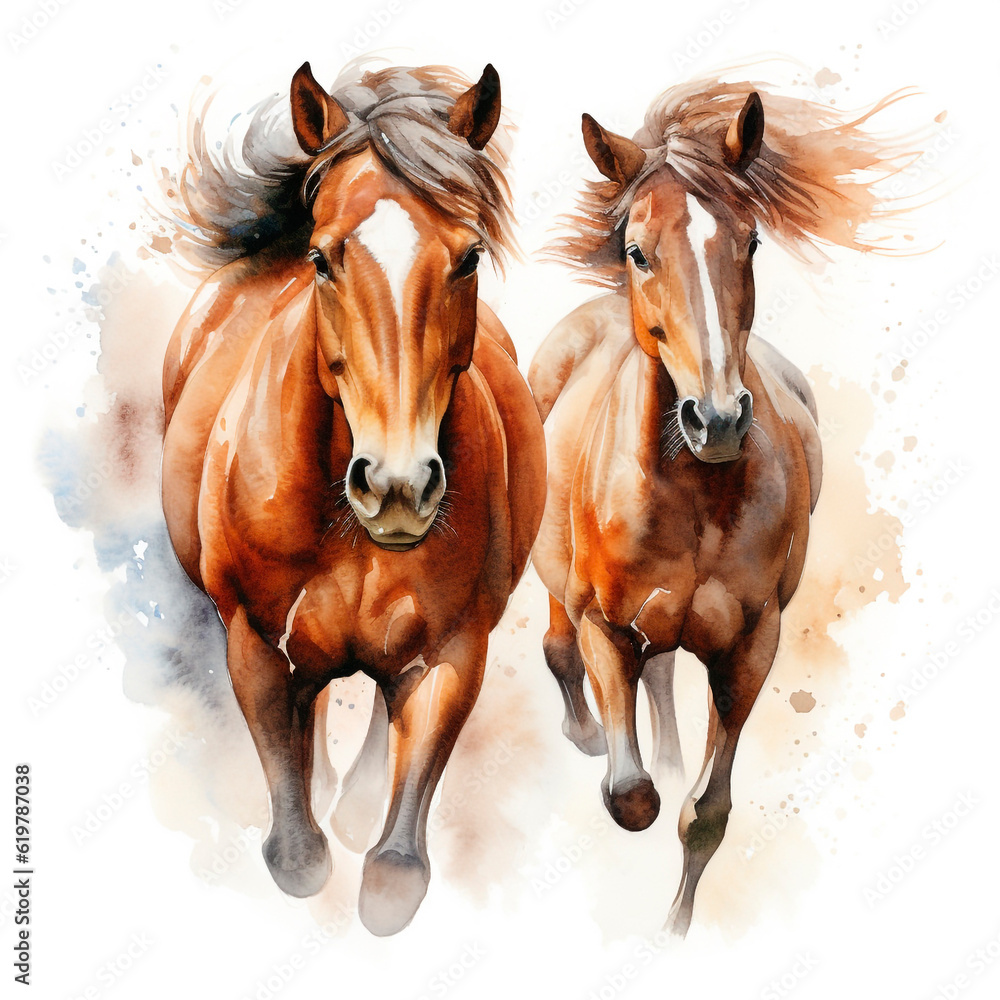 Two horses run gallop from a splash of watercolor, hand drawn sketch. illustration of watercolor paints Two horses run gallop from a splash of watercolor, hand drawn sketch. illustration of watercolor paints