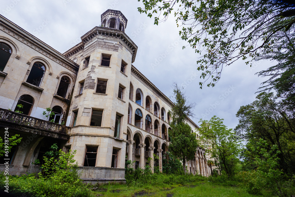 Ruined overgrown old abandoned Soviet sanatorium Iveria, Tskaltubo, Georgia
