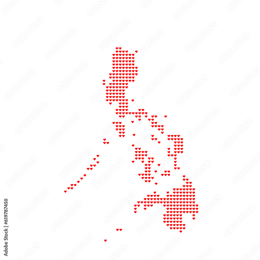 Map of the country of Philippines in heart emoticons on a white background