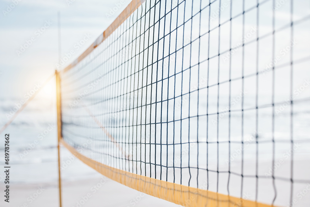 Background, volleyball and closeup of net at beach for fun competition, contest and flare in sunshine. Sports posts, barrier and rope design at sea for outdoor summer games, match or team performance
