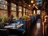 In a room of a train car in the style of intricate woodwork with tables and chairs, sunlight shines through windows. Generative AI