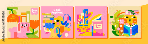 4 templates for the Children's Book Festival.
Cute bunnies who love books. Bright colors and many flowers around the bunnies mean pleasure from the reading process and a blooming imagination.