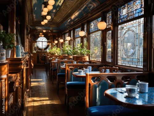 In a room of a train car in the style of intricate woodwork with tables and chairs, sunlight shines through windows. Generative AI