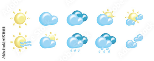 Meteorological set, collection of vector, weather forecast with 3D volumetric icons of sun, cloud, cloud, rain, drop, wind, hurricane. Cartoon climatic conditions.