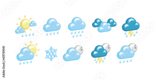 Volumetric, cartoon, meteorological weather forecast. Set, collection of 3d icons of sun, clouds, clouds, rain, snow, snowflakes, moon, thunderstorms, lightning, night, sky, day. Climatic conditions.