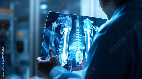 Orthopedic surgeon doctor examining patient's knee joint x-ray films, MRI bone, CT scan in at radiology orthopedic unit, hospital background. knee joint film x ray, Generative Ai photo