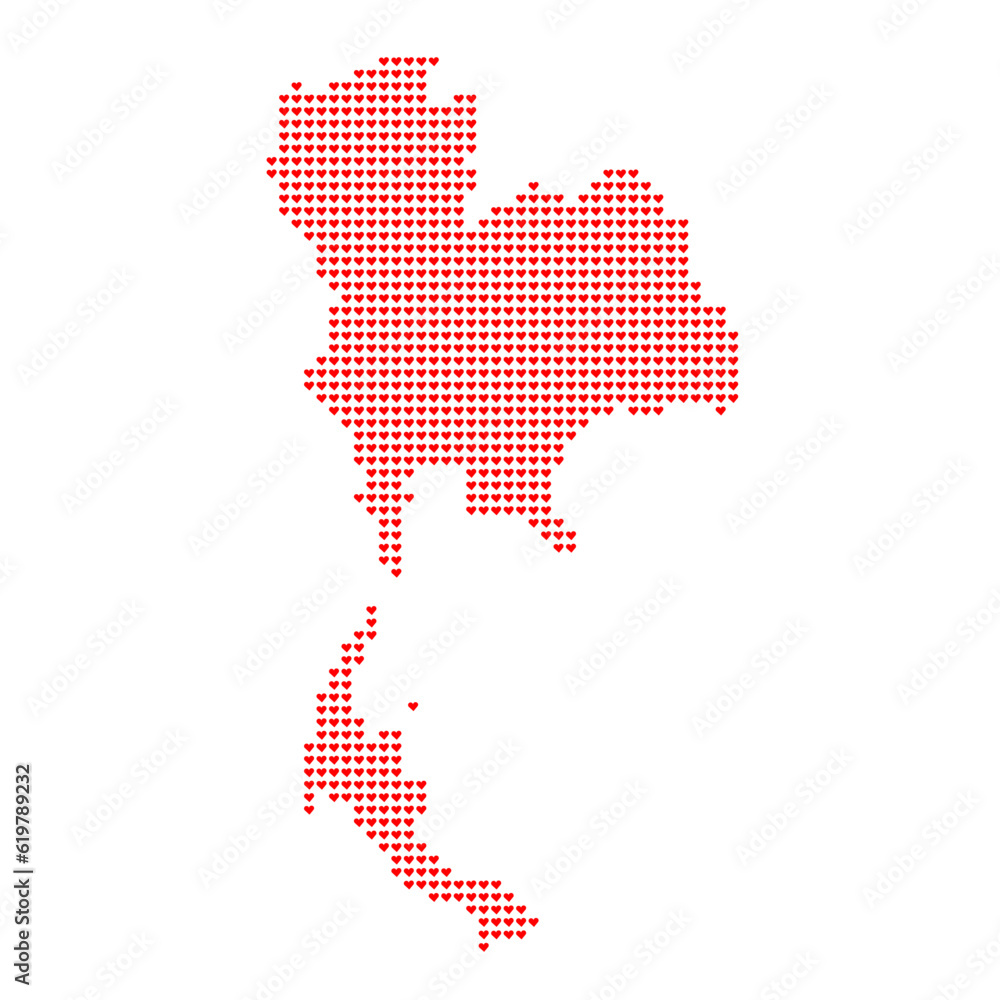 Map of the country of Thailand in heart emoticons on a white background