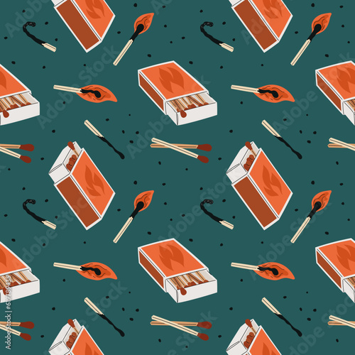 Cartoon matchsticks seamless pattern. Open matchboxes with labels. Burning and charred sticks. Repeated print. Fading straw. Match sulphur head. Cardboard box. Garish vector background