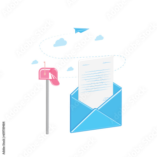 Vector mailbox with new, open letter in envelope. Correspondence with volumetric, 3D messages in paper airplanes. Email for communication on Internet. Post.