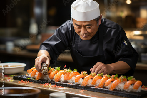 A chef meticulously plating sushi rolls, Chef Generative AI