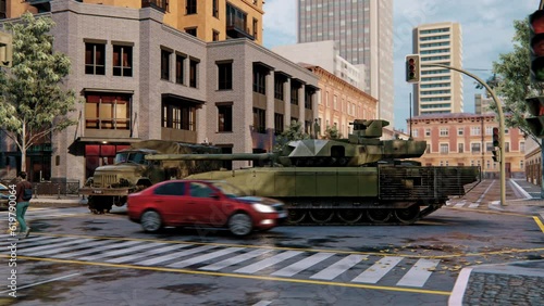A Russian T-14 Armata tank stands in the middle of the street and Russian army ZIL-131 trucks. KA-52 helicopter flies in the sky. 3d animation photo
