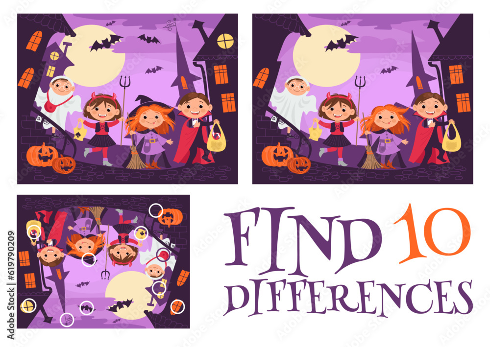 Find 10 Differences. Fascinating game for kids. Halloween holiday. Children in costumes. Worksheet with correct answer. Brainteaser task. Logic quiz page. Trick or treat. Vector concept