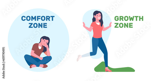 Girl sits in her comfort zone and goes into growth area. Personal boundary and freedom. Alone woman in circle dome. Female leaving introverts barrier. Uncertainty fear. Vector concept