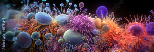 macro image of viruses and bacteria in tissues, colorful vivid background microbiological microlife, macro bokeh depth of field © everigenia