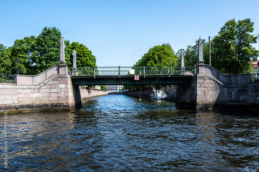 cityscapes along the river channels in St. Petersburg on a sunny summer day