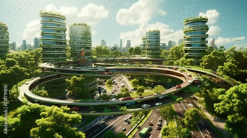Panoramic view of Public transport or commuter city life concept, expressway car traffic transportation above circle roundabout road with generative ai
