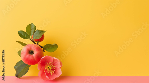 Quince on colorful background. empty copy space on the side for text. Bright Vibrant colors. Generative AI.