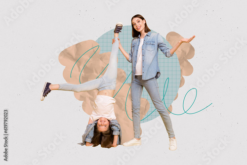 Obraz na plátně Banner composite collage of young family mother support child funny schoolgirl a