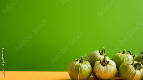 Tomatillos on colorful background. empty copy space on the side for text. Bright Vibrant colors. Generative AI.