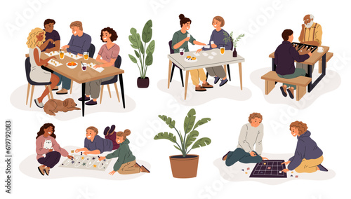 Happy people play board games. Adults home entertainment. Lotto and map chips. Strategy toys. Cards and backgammon. Children weekend leisure. Garish vector friends group activities set
