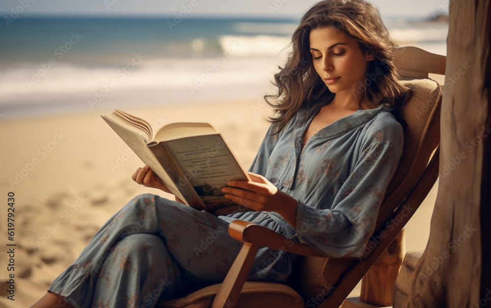 A woman reads a book sitting in an armchair on the beach