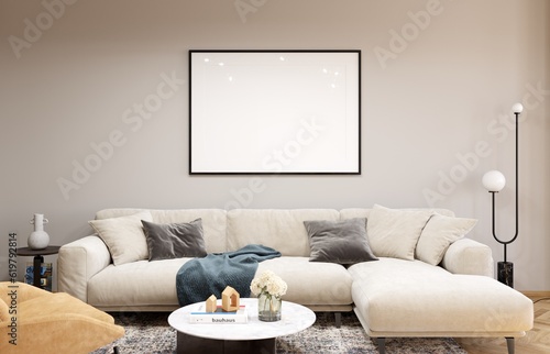 Mockup poster frame in modern interior background, living room, 3D render, 3D illustration © Artem