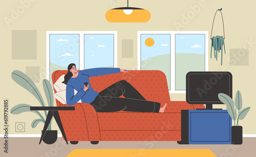 Lazy girl at home. Woman is lying on sofa. Inactive girl watching TV in living room. Rest on weekends. Sedentary lifestyle. Unmotivated apathetic person. Comfortable pose. Vector concept
