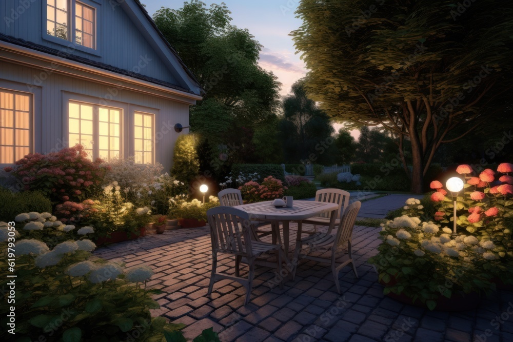 Summer evening on the patio of a beautiful suburban house with lights in the garden garden