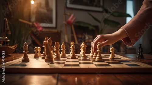 Fotografia strategy board game, checkmate vision, or contest, playing hands or chess knight on a house, home, or living room table